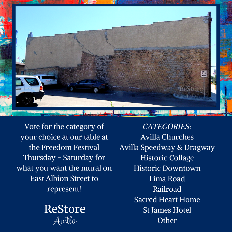 Location for new Restore Avilla mural project and categories for the historical theme